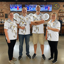 Load image into Gallery viewer, Darts team wearing matching white and gold dartboard crown darts jerseys during league competition front view.