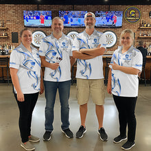 Load image into Gallery viewer, Darts team wearing matching white and blue dartboard crown darts jerseys during league competition front view.