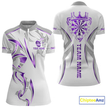 Load image into Gallery viewer, White and purple dartboard crown darts quarter zip shirt for women designed for league tournaments and team events.