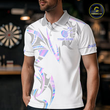 Load image into Gallery viewer, Man wearing a white and holographic dartboard crown darts jersey front view.