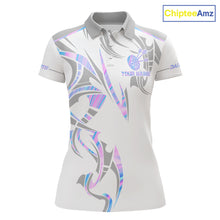 Load image into Gallery viewer, White and holographic dartboard crown darts polo shirt for women with custom darts team graphics.