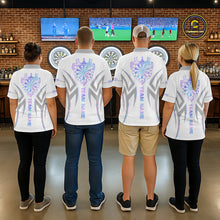 Load image into Gallery viewer, Back view of darts players wearing matching white and holographic dartboard crown darts shirts.