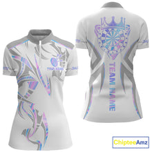 Load image into Gallery viewer, White and holographic dartboard crown darts quarter zip shirt for women designed for league tournaments and team events.