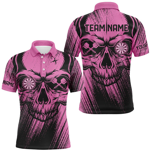 Personalized Pink Grunge Skull Darts Polo & Quarter-Zip Shirt For Men Custom Cool Darts Team Jersey TDM2531