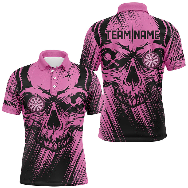 Personalized Pink Grunge Skull Darts Polo & Quarter-Zip Shirt For Men Custom Cool Darts Team Jersey TDM2531