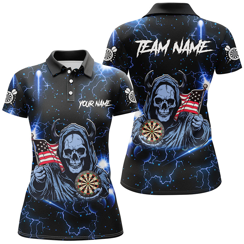 Blue Skull Thunder Lightning US Flag Custom Dart Shirts For Women, Darts League Team Jerseys TDM3017