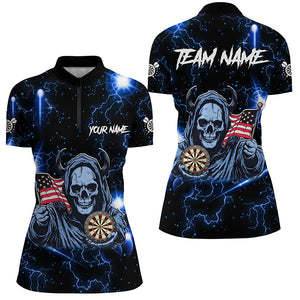 Blue Skull Thunder Lightning US Flag Custom Dart Shirts For Women, Darts League Team Jerseys TDM3017