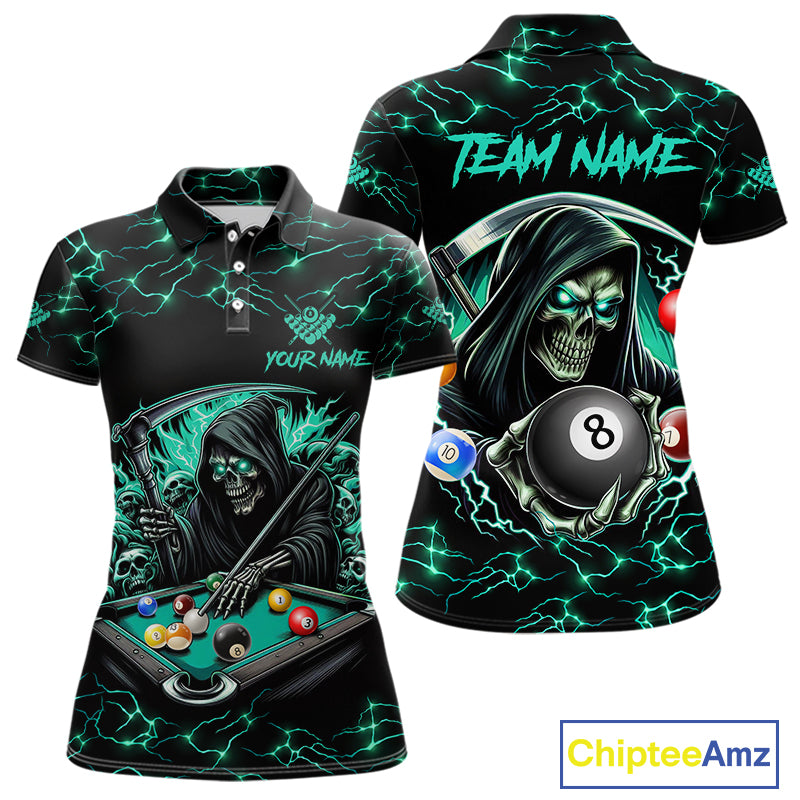 Turquoise Funny Grim Reaper 8 Ball Pool Women Billiard Shirt Custom Lightning Billiard Team Jerseys TDM5239