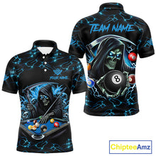 Load image into Gallery viewer, Blue Funny Grim Reaper 8 Ball Pool Men Billiard Shirts Custom Billiard Jersey Team Polo &amp; 1/4 Zip TDM5240