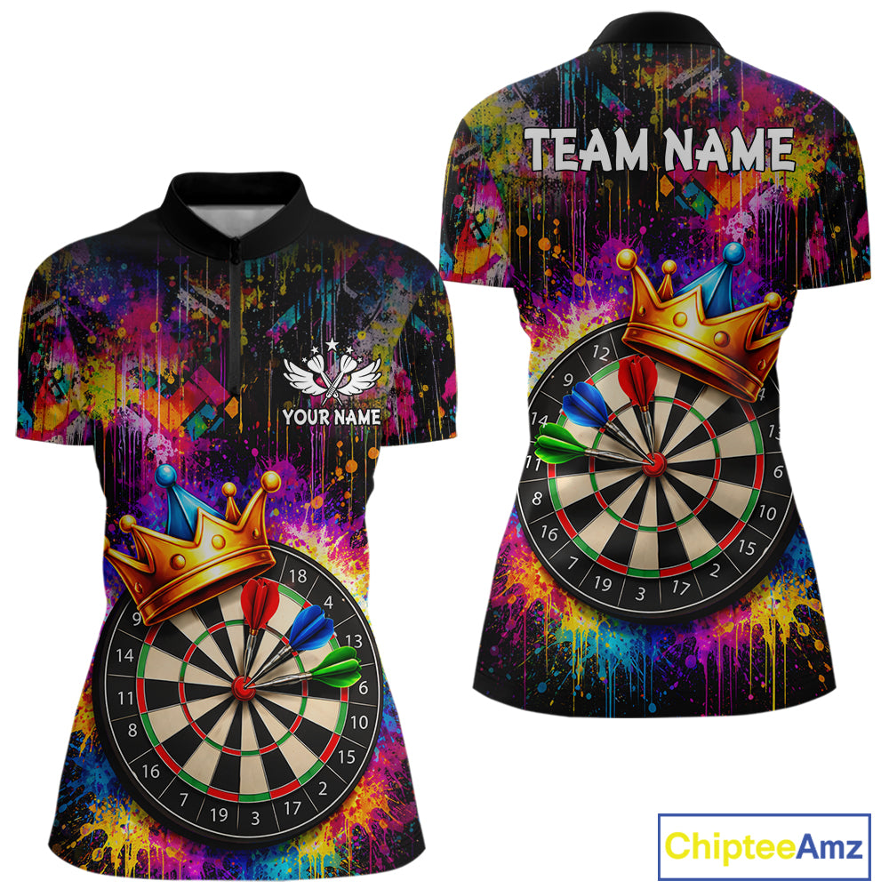Funny Colorful Crown Dartboard Splash Darts Shirt For Women Custom Darts Jersey Team Polo & 1/4 Zip TDM5762