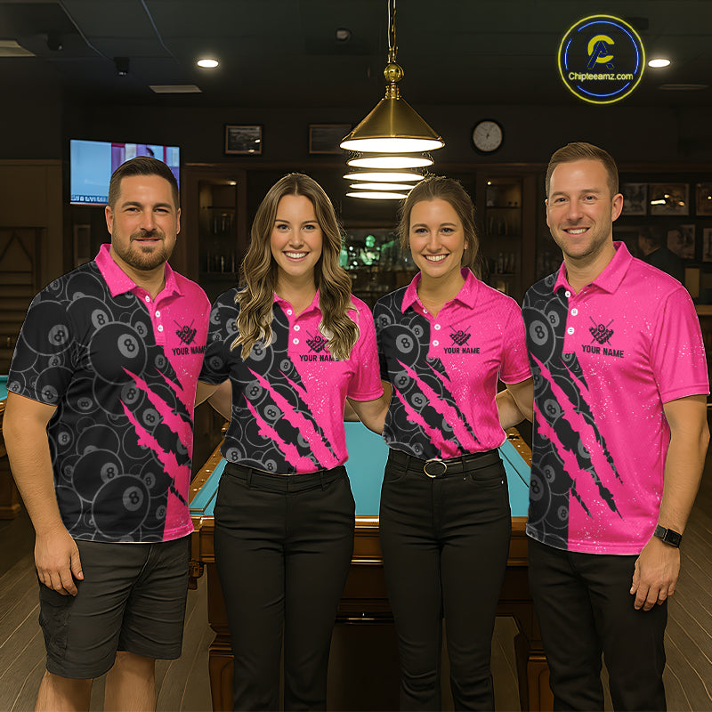 Custom Grunge Pink Black 8 Ball Pool Billiard Shirt For Women, Billiard Team Jersey Polo & 1/4 Zip TDM5960