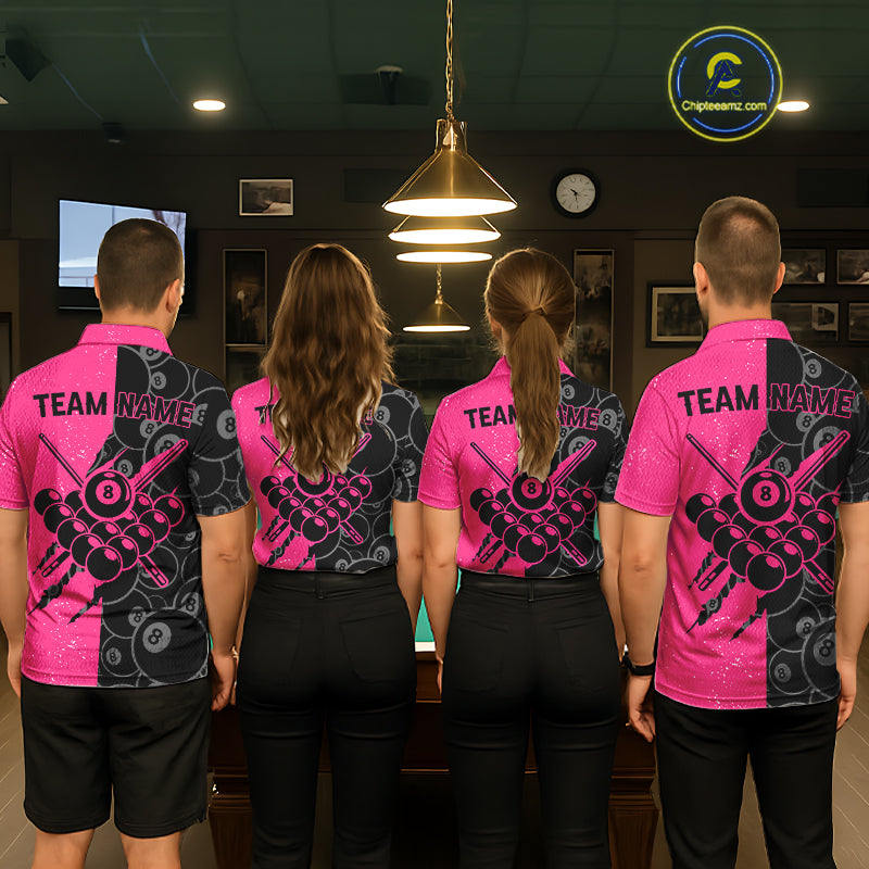 Custom Grunge Pink Black 8 Ball Pool Billiard Shirt For Women, Billiard Team Jersey Polo & 1/4 Zip TDM5960