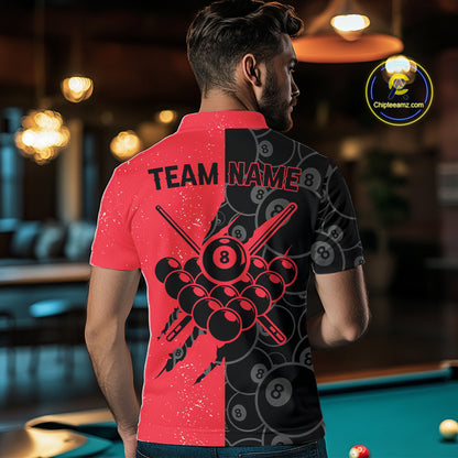 Custom Grunge Black And Red 8 Ball Billiard Shirt For Men, Pool Team Jersey Polo & 1/4 Zip TDM5961