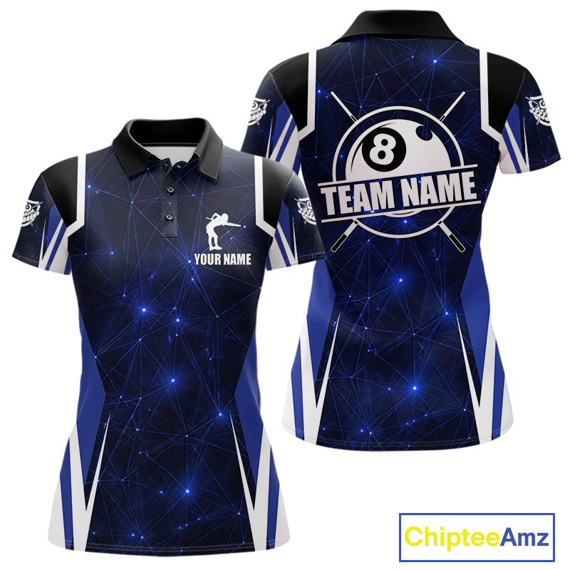 Custom 8 Ball Pool Billiard Shirt For Women, Blue Geometric Billiard Team Jersey Polo & 1/4 Zip TDM6130