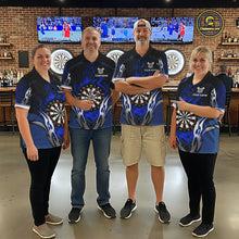 Load image into Gallery viewer, Darts team wearing matching blue flaming silver darts jerseys during league competition front view.
