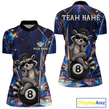 Load image into Gallery viewer, Funny raccoon crystal 8 ball billiard quarter zip shirt for women designed for league tournaments and team events.
