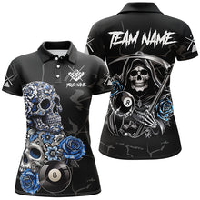 Load image into Gallery viewer, Personalized Funny Blue Skull Roses 8 Ball Billiard Shirts For Women Custom Pool Team Shirts Designs TDM2067