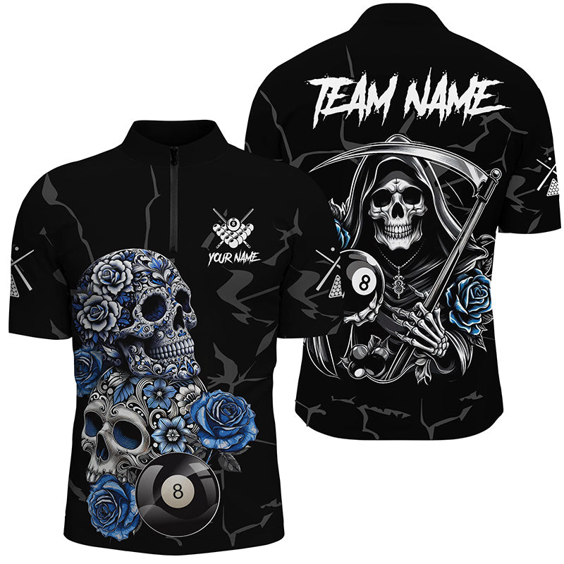 Personalized Funny Blue Skull Roses 8 Ball Billiard Shirts For Men Custom Pool Team Shirts Designs TDM2067