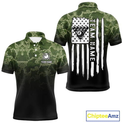 Black And Green Camo American Flag 8 Ball Billiard Shirt For Men Custom Patriotic Pool Team Jersey TDM5036