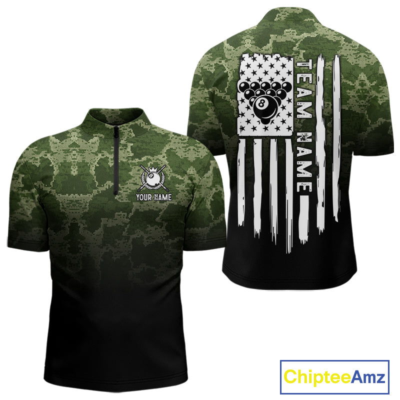Black And Green Camo American Flag 8 Ball Billiard Shirt For Men Custom Patriotic Pool Team Jersey TDM5036