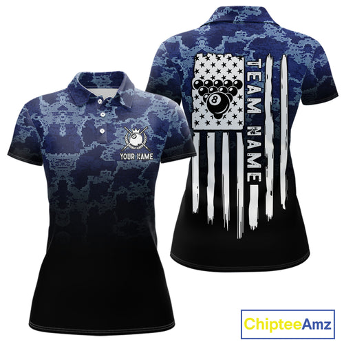 Black And Blue Camo American Flag 8 Ball Billiard Shirt For Women Custom Patriotic Pool Team Jersey TDM5037