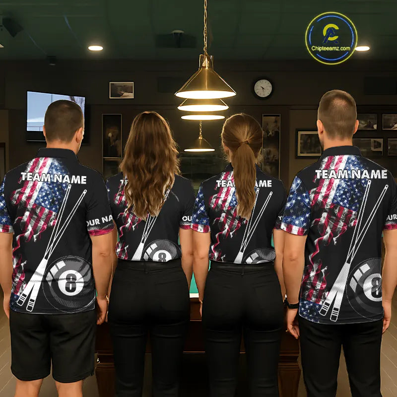 Personalized US Flag Smoke 8 Ball Pool Billiard Shirt For Men Custom Patriotic Billiard Team Jersey TDM5516