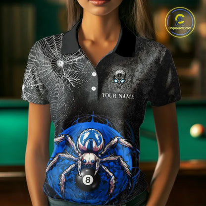 Personalized Grunge Spider Web 8 Ball Pool Billiard Shirt For Women, Billiard Team Jerseys |Blue TDM5518