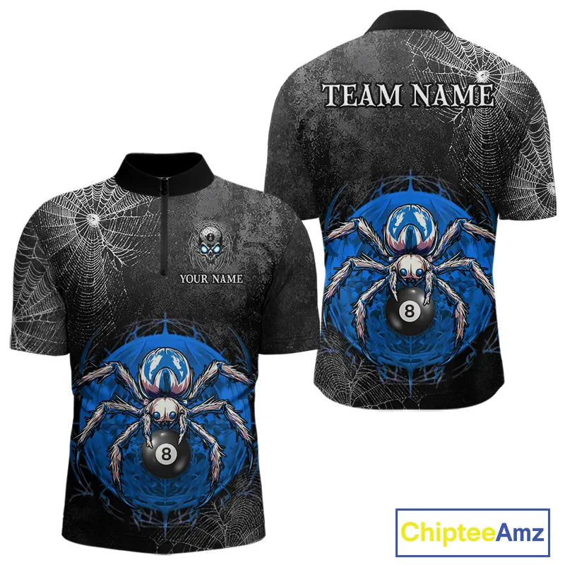 Personalized Grunge Spider Web 8 Ball Pool Billiard Shirt For Men, Billiard Team Jerseys |Blue TDM5518