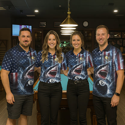 American Flag Shark 8 Ball & 9 Ball Billiard Shirt For Men Custom Lightning Patriotic Pool Jersey TDM5770