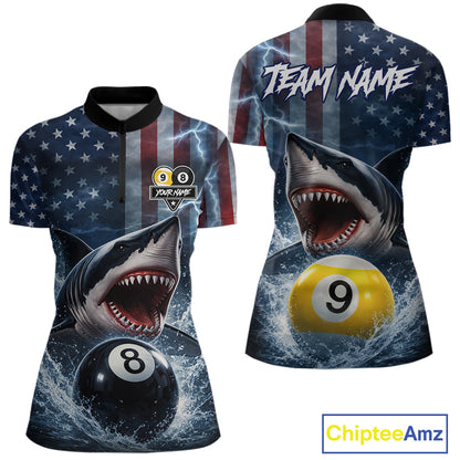 American Flag Shark 8 Ball & 9 Ball Billiard Shirt For Women Custom Lightning Patriotic Pool Jersey TDM5770