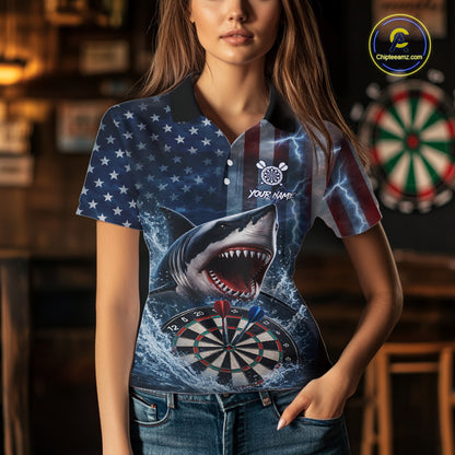 American Flag Shark Darts Shirt For Women Custom Lightning Patriotic Dart Jersey Team Polo & 1/4 Zip TDM5771