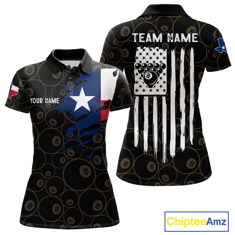 Personalized Texas Flag 8 Ball Pool Shirt For Women Custom US Flag Billiard Jersey Polo & 1/4 Zip TDM6137