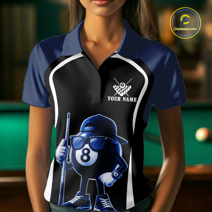 Blue Funny 8 Ball Pool US Flag Billiard Shirt For Women Custom Billiard Team Jersey Polo & 1/4 Zip TDM6365