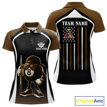 Brown Funny 8 Ball Pool US Flag Billiard Shirt For Women Custom Billiard Team Jersey Polo & 1/4 Zip TDM6366