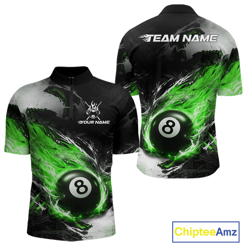 Custom Green Flaming 8 Ball Pool Billiard Shirt For Men, Billiard Team Jersey Polo & 1/4 Zip TDM6371