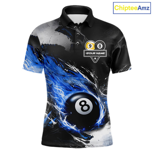 Custom 8 Ball & 9 Ball Pool Blue Flame Billiard Shirt For Men, Billiard Team Jersey Polo & 1/4 Zip TDM6372