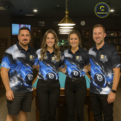 Custom 8 Ball & 9 Ball Pool Blue Flame Billiard Shirt For Men, Billiard Team Jersey Polo & 1/4 Zip TDM6372