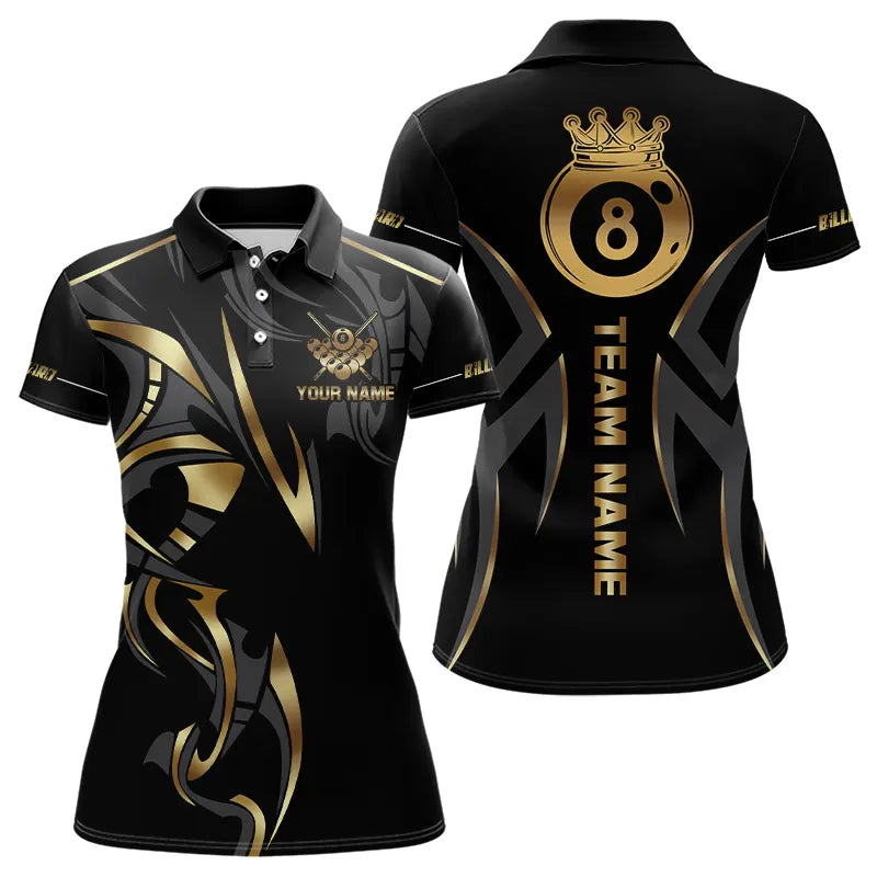 Customized 8 Ball Pool Crown Women Billiard Shirts, Gold And Black Billiard Team Shirt Pool Jerseys TDM3769