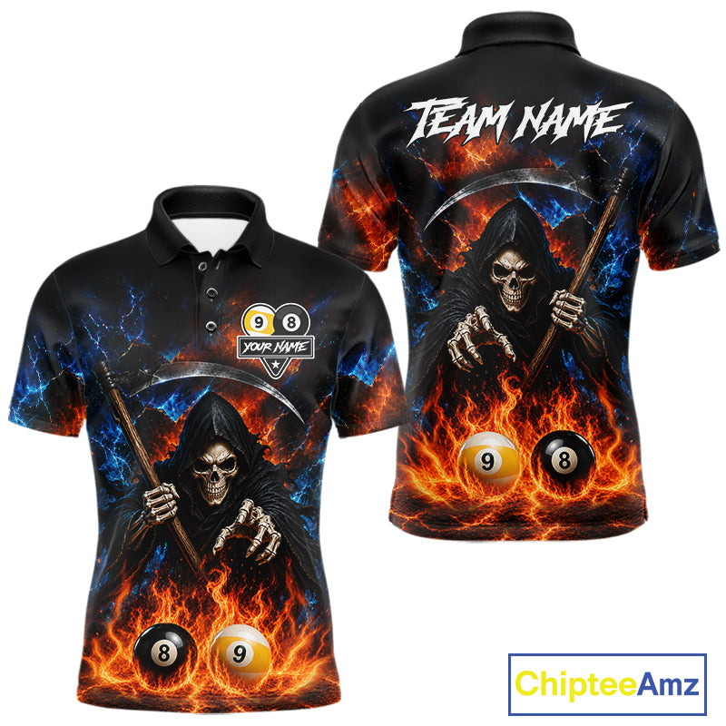 Custom 8 Ball & 9 Ball Fire Grim Reaper Billiard Shirt For Men, Pool Team Jersey Polo & 1/4 Zip TDM6562