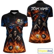 Load image into Gallery viewer, Custom 8 Ball &amp; 9 Ball Fire Grim Reaper Billiard Shirt For Women, Pool Team Jersey Polo &amp; 1/4 Zip TDM6562