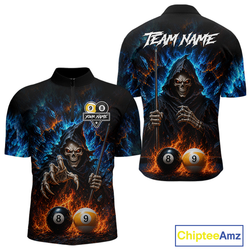 Custom Fire 8 Ball & 9 Ball Grim Reaper Billiard Shirt For Men, Pool Team Jersey Polo & 1/4 Zip TDM6563