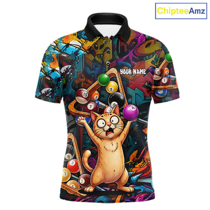 Colorful Billiard Jersey Custom Funny Cat Graffiti Billiard Polo & Quarter Zip Shirts For Men TDM6564