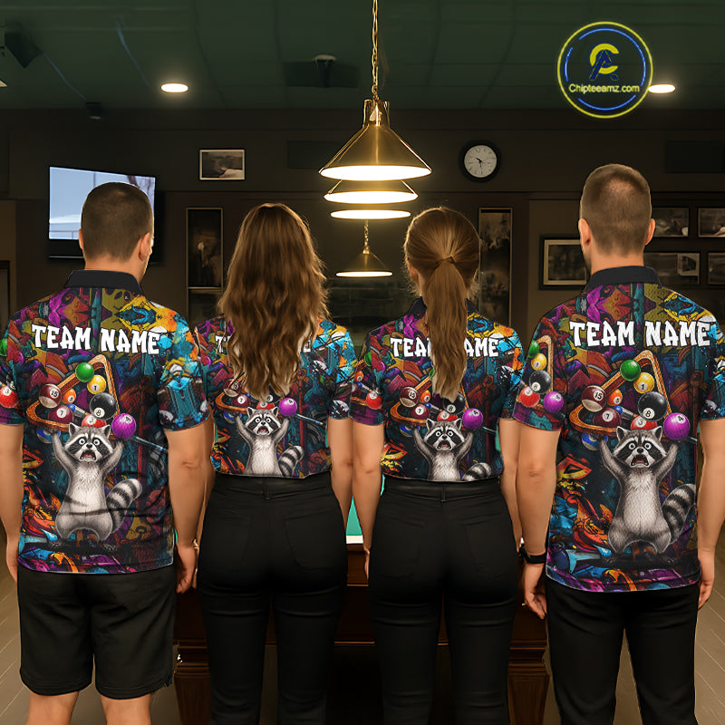 Colorful Billiard Jersey Custom Funny Raccoon Graffiti Billiard Polo & Quarter Zip Shirts For Men TDM6565