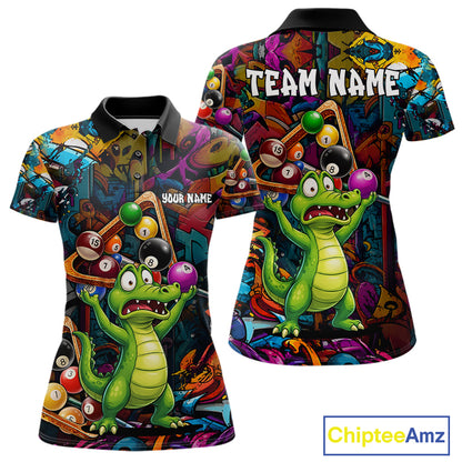 Colorful Billiard Jersey Custom Funny Dinosaur Graffiti Billiard Polo & Quarter Zip Shirts For Women TDM6566