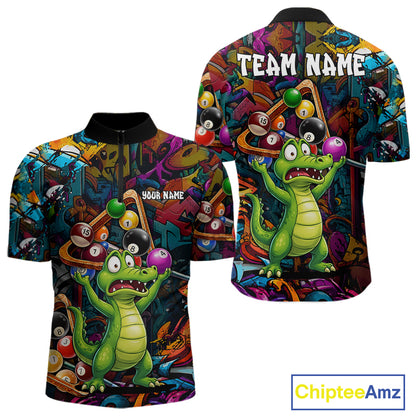 Colorful Billiard Jersey Custom Funny Dinosaur Graffiti Billiard Polo & Quarter Zip Shirts For Men TDM6566