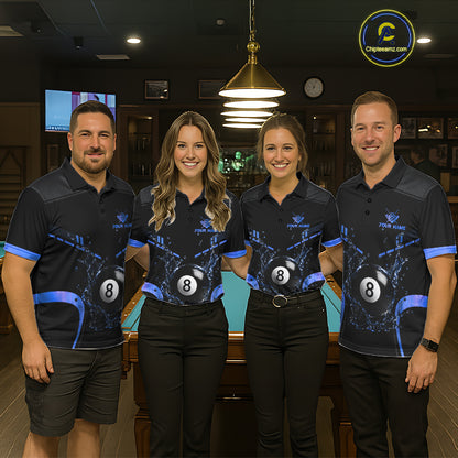 Pool Team Wearing Personalized Black and Blue Water 8 Ball Billiard Jerseys During League Competition and Tournament Events, Front View