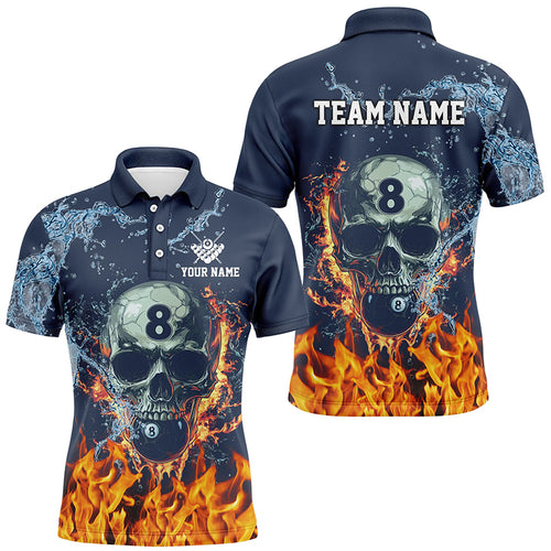 Funny Skull 8 Ball Pool Water Fire Personalized Name Billiard Shirts For Men, Billiard Pool Shirts TDM2291