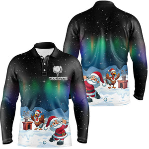 Funny Turkey And Santa Playing Golf Custom Men Golf Polo Shirts, Golfing Gifts For Christmas TDM3038