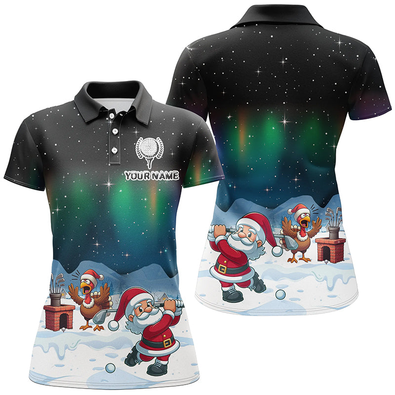 Funny Turkey And Santa Playing Golf Custom Women Golf Polo Shirts, Golfing Gifts For Christmas TDM3038