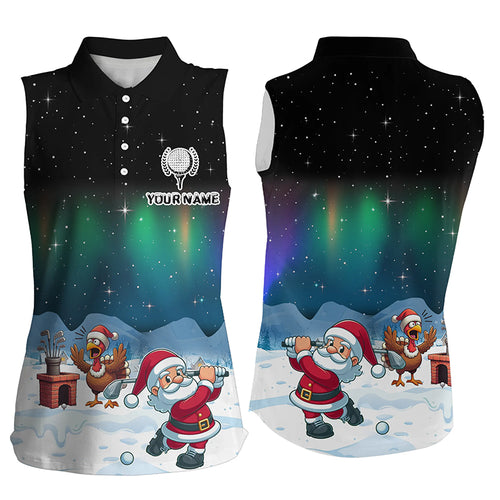 Funny Turkey And Santa Playing Golf Custom Women Sleeveless Polo Shirts, Golfing Gifts For Christmas TDM3038